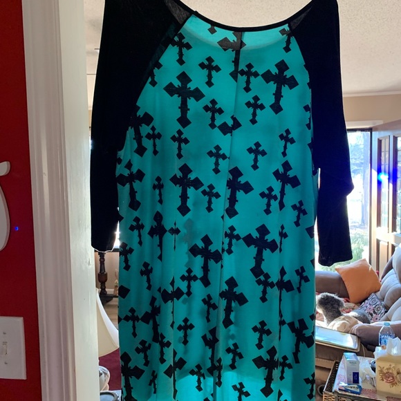 Turquoise T-shirt style tunic with cross and lace detail top LG-XL - Picture 4 of 10
